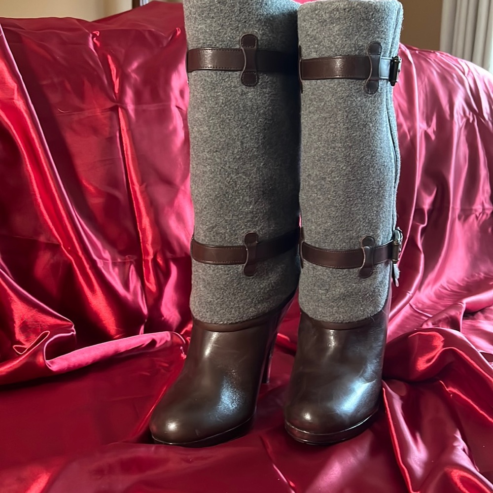 Cole Haan/Nike Air chocolate brown heeled boots with grey wool felt top SZ 8 New
